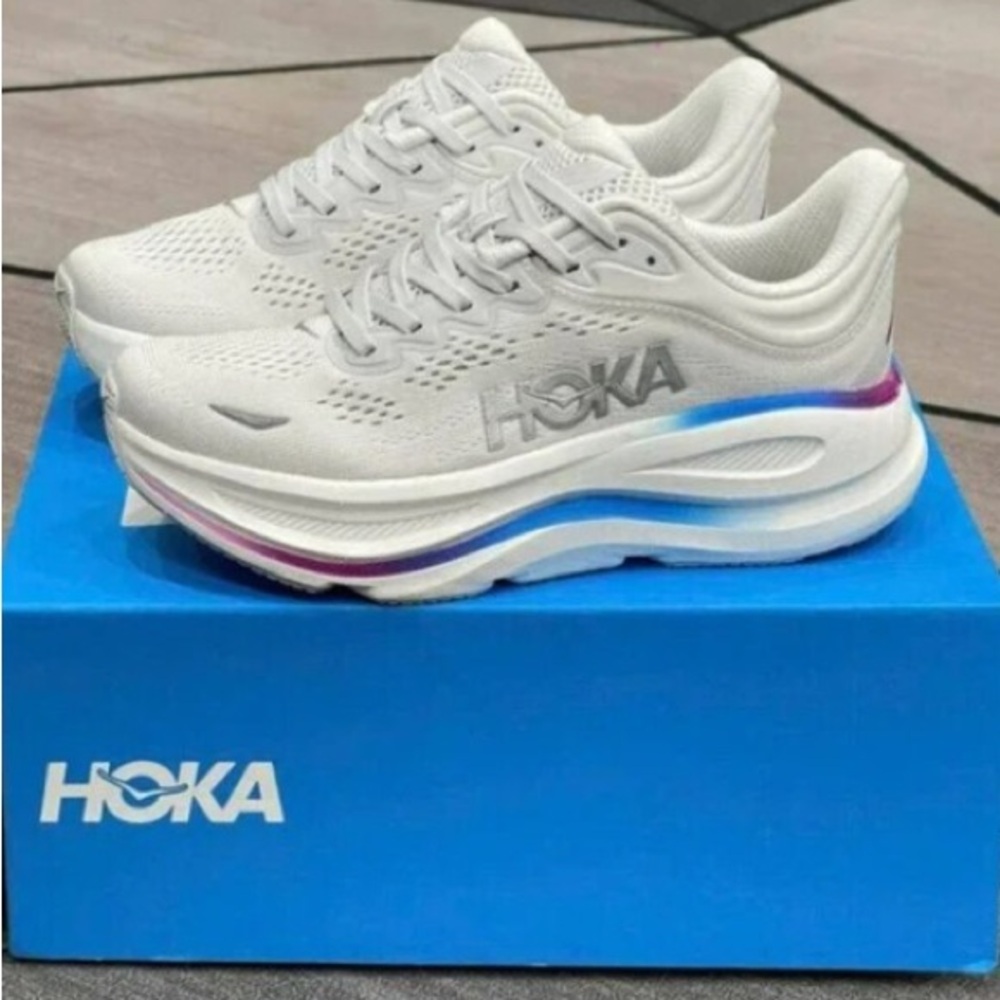 Hoka White and Purple Moto Boots